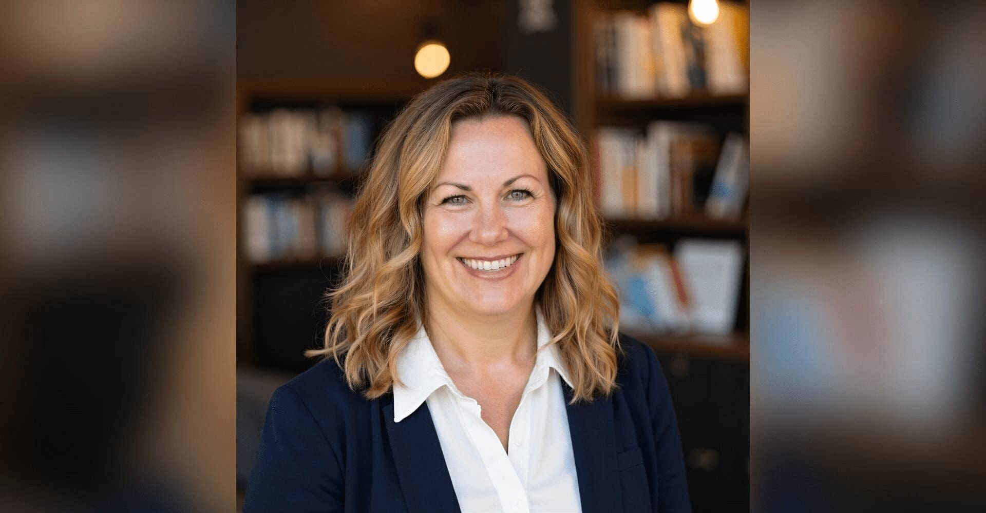 Smiling professional woman in office with bookshelves